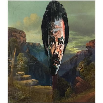 portrait of Noah Taylor painted over framed painting of the Blue Mountains