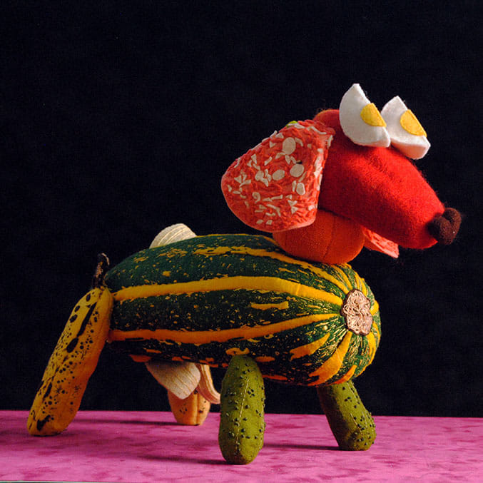 animal made from food and other found objects 