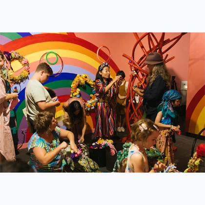 group of people creating objects for the rainbow garden with Hiromi Tango