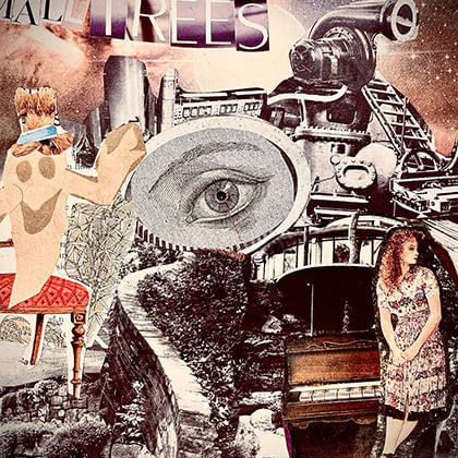 complex collage including a cartoon character, garden wall, old machinery a piano, a woman and an eye in the centre