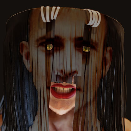 portrait of person with shining eyes and streaks over the face - except for mouth and chin area