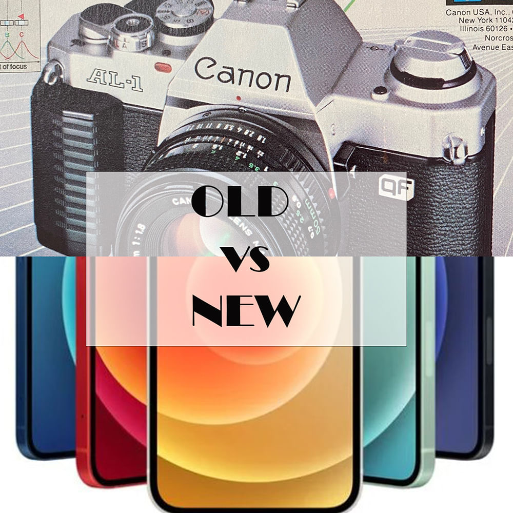 half image film camera, other half is phones with old versus new text over top