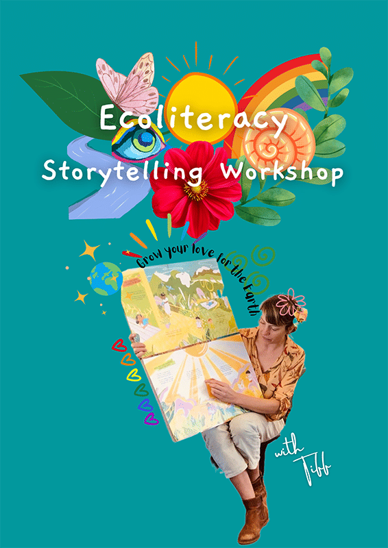 woman reading large picture book with flowers and rainbow above her 