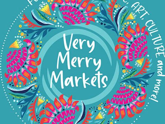 promotional tile for 'Very Merry Markets' with images of native flowers