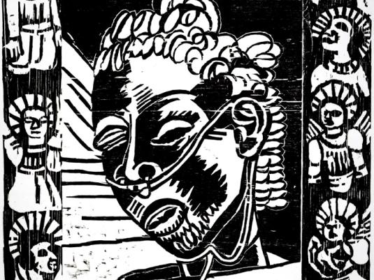 A black and white graphic image of a woman's head, with tubes to assist breathing, as if lying in a hospital bed.
