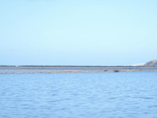 A photo of a lake with a very blue sky