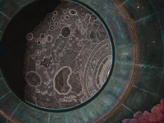 A highly detailed abstract digital painting in greens, pinks, and grey