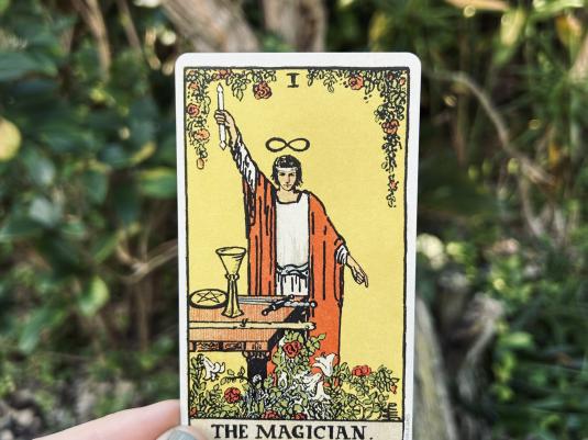 A photo of a hand holding The Magian Tarot card from the Smith Ride Waite deck. There is a garden in the background.