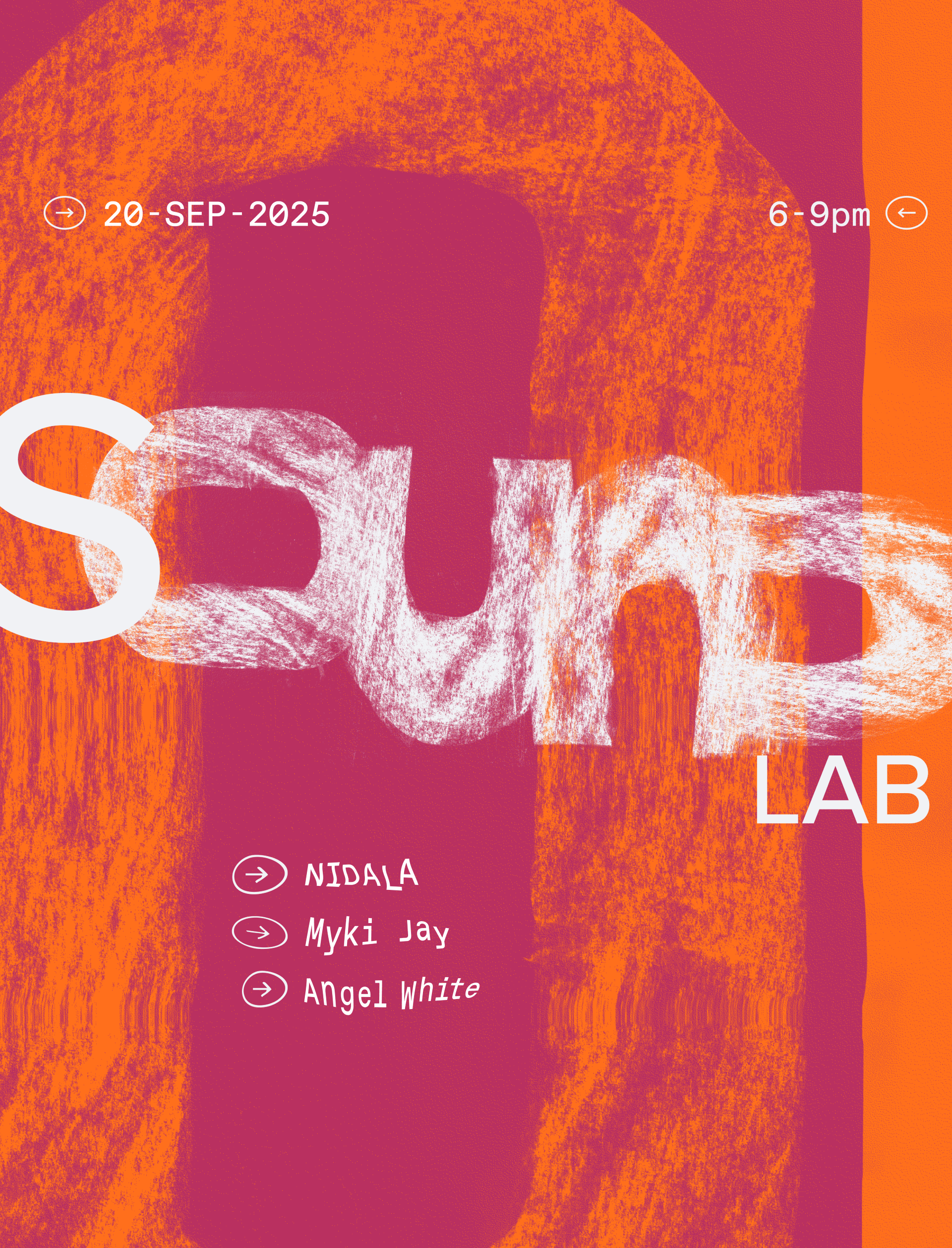 An orange and pink poster with the text: Sound Lab 02 with Nidala, Myki Jay and Angel White. 