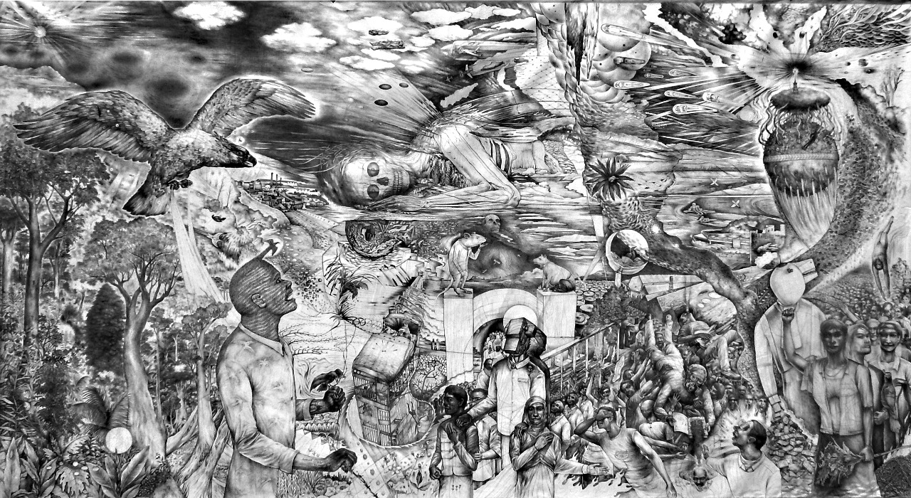 Drawing with multiple depcitions of people and nature