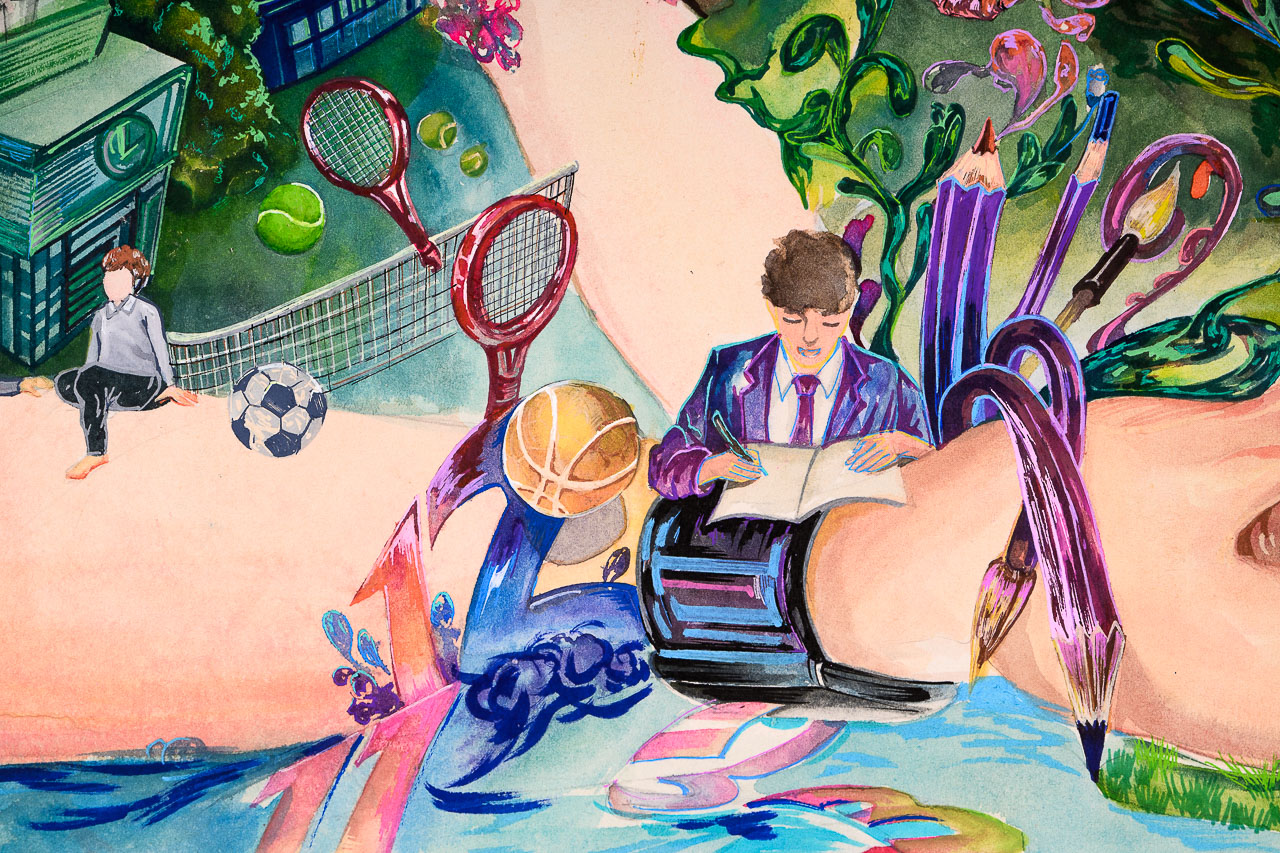 A colourful and imaginative watercolour painting with a tennis court, student and overseize pencils