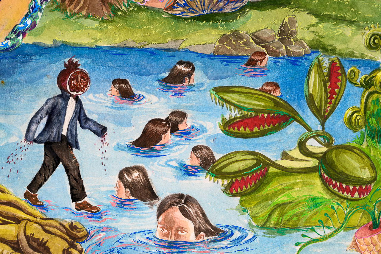 A colourful painting of people in a waterhole, with oversize carnivorous plants