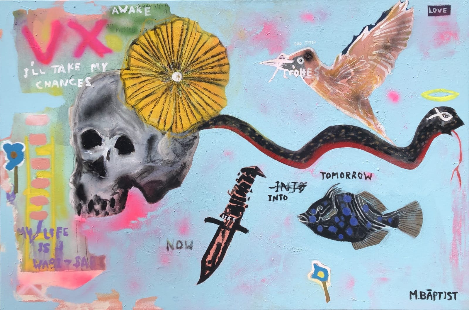 image of selection of objects including a snake, fish,skull, a bird and captions including 'awake', 'I'll take my chances', 'now', 'tomorrow', 'my life is was it safe', and others.