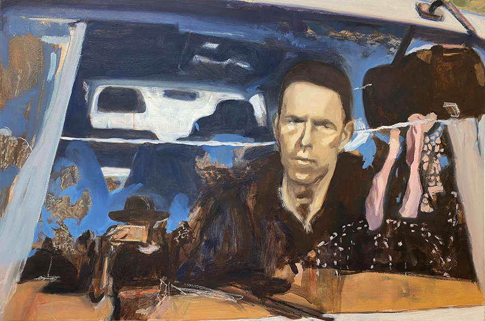 A dream like painting with people, the inside of a car, a clothes line...