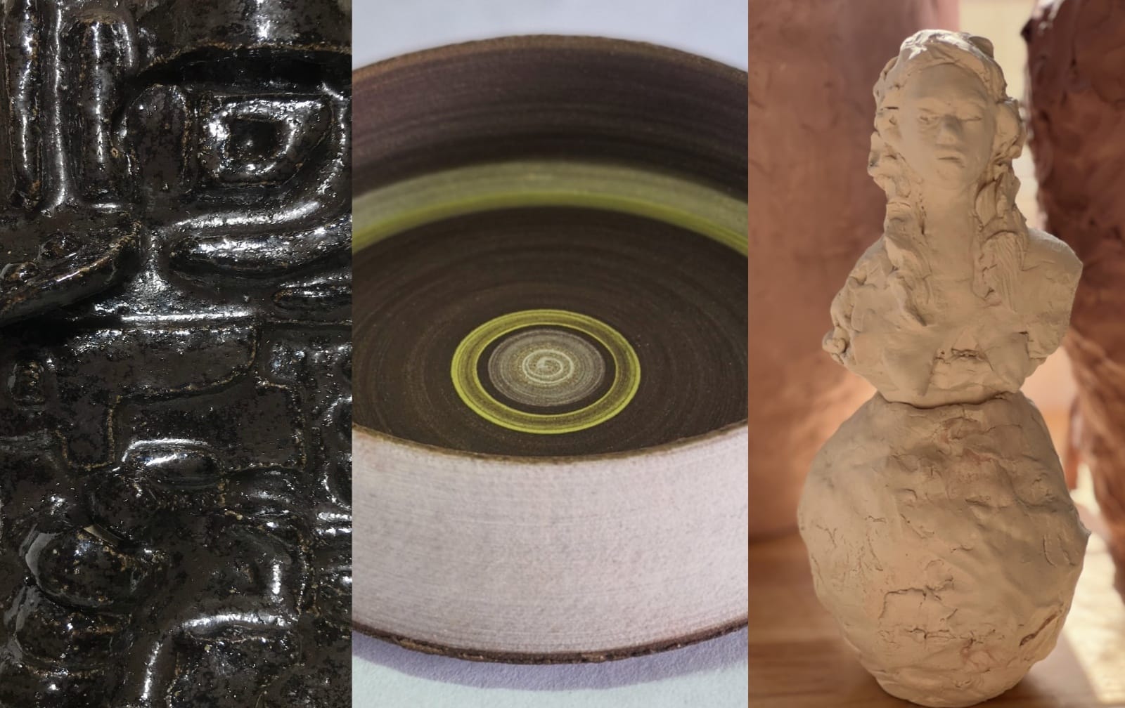 Composite image of three different clay works.  Object on left is a hand worked molded panel, in the centre, a ceramic bowl and on the right is a sculpture of a woman's head and torso on a clay ball