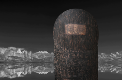 timber sculpture in foreground with a lake and reflected icey mountains in distant background.
