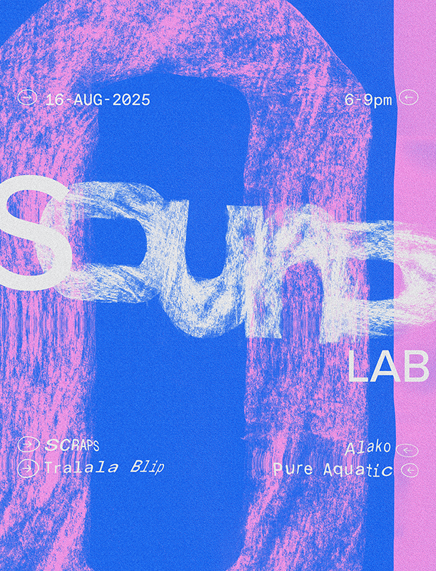 A poster saying Sound Lab in pink and blue