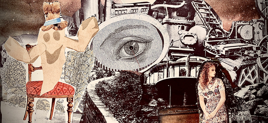 collage with musical instruments, parts of buildings a woman, and drawings of a cartoon creature and an eye