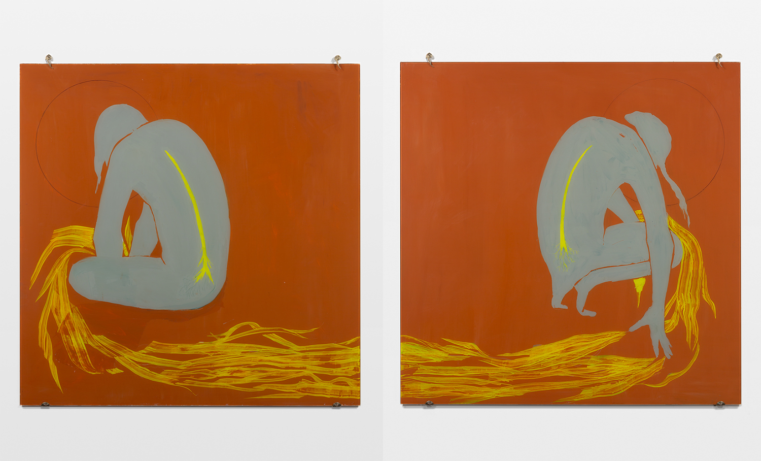 An orange, yellow and grey painting of two figure hunched over exchanging flames, by Clare Milledge