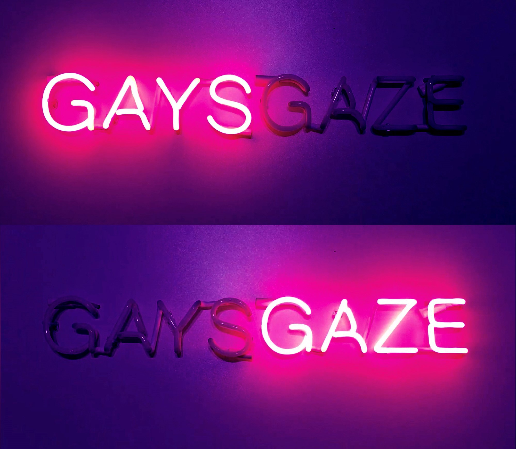Bright pink lighted sign 'GAYS GAZE'