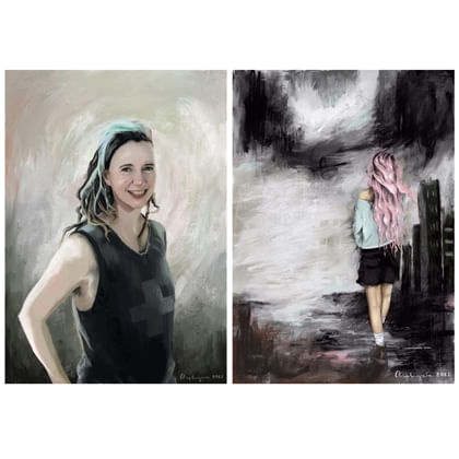 two images of  women - one facing us, the other walking away