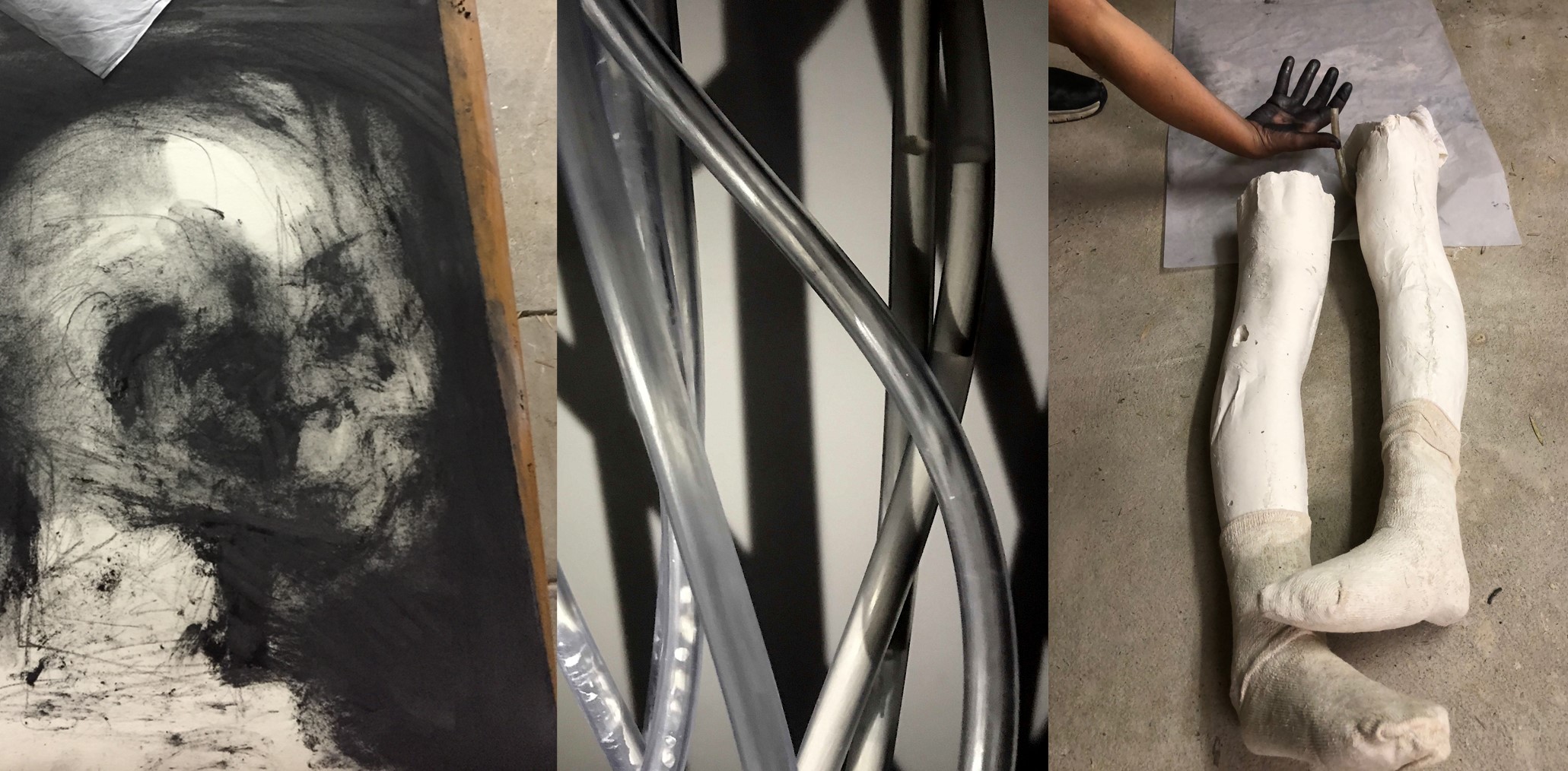 ceramic sculpture of legs, detail of abstract art work and tube sculpture