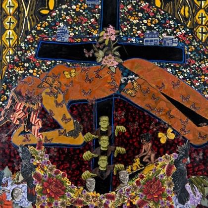 woman across a black cross with  flowers, butterflies, crosses, some buildings, masks and zombi images