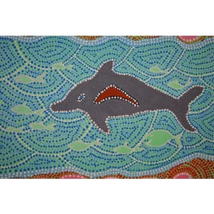 dolphin swimming on background with small fish and dot painting