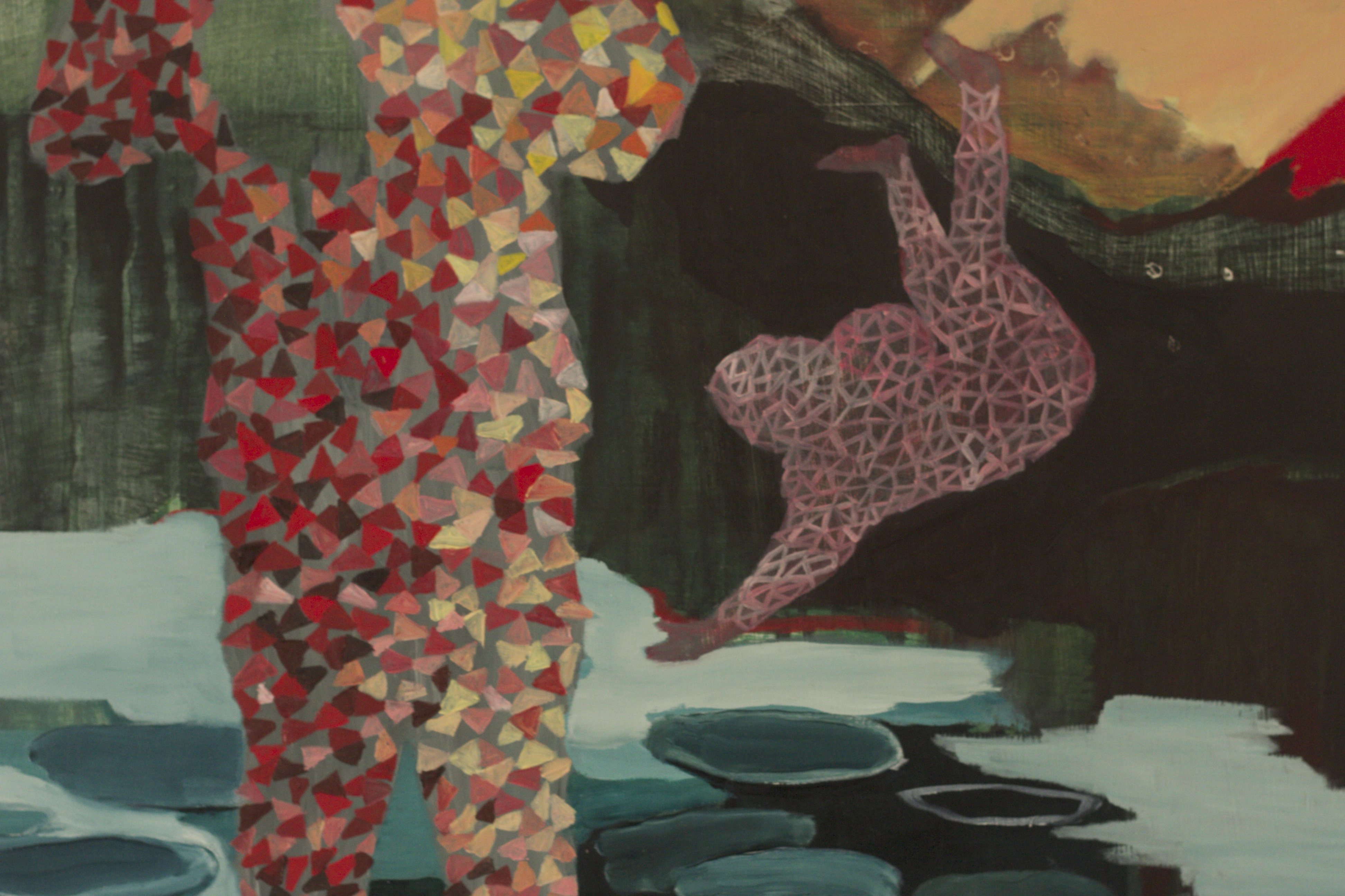 image of person in front of mountain in background and person falling