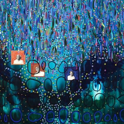 colourful abstract representing time with photographs of artist' family members