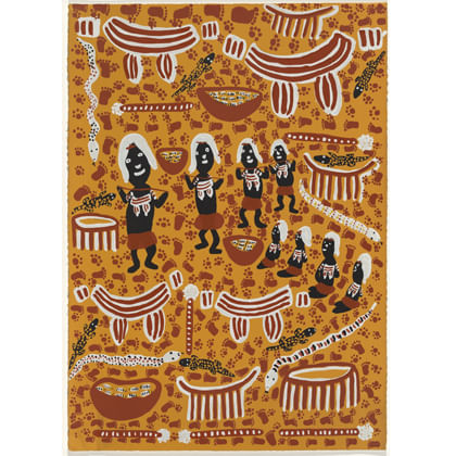 print of women in ceremonial dress with ceremonial objects