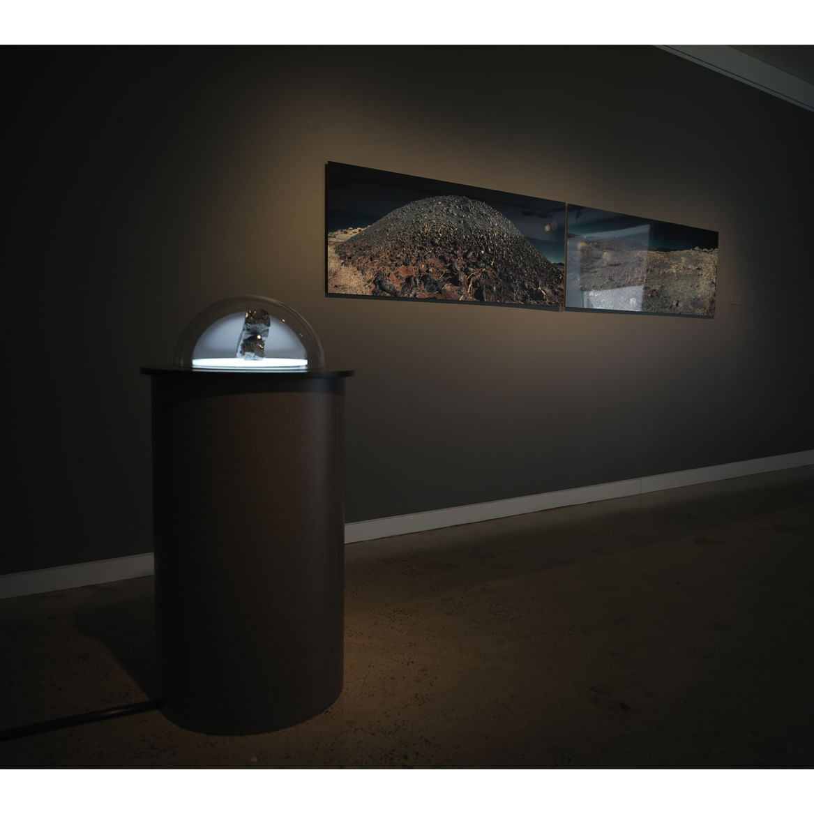 lit display case containing slay in front of wall the large mounted  image of slag