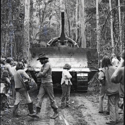 protesters stopping bulldozer in forest