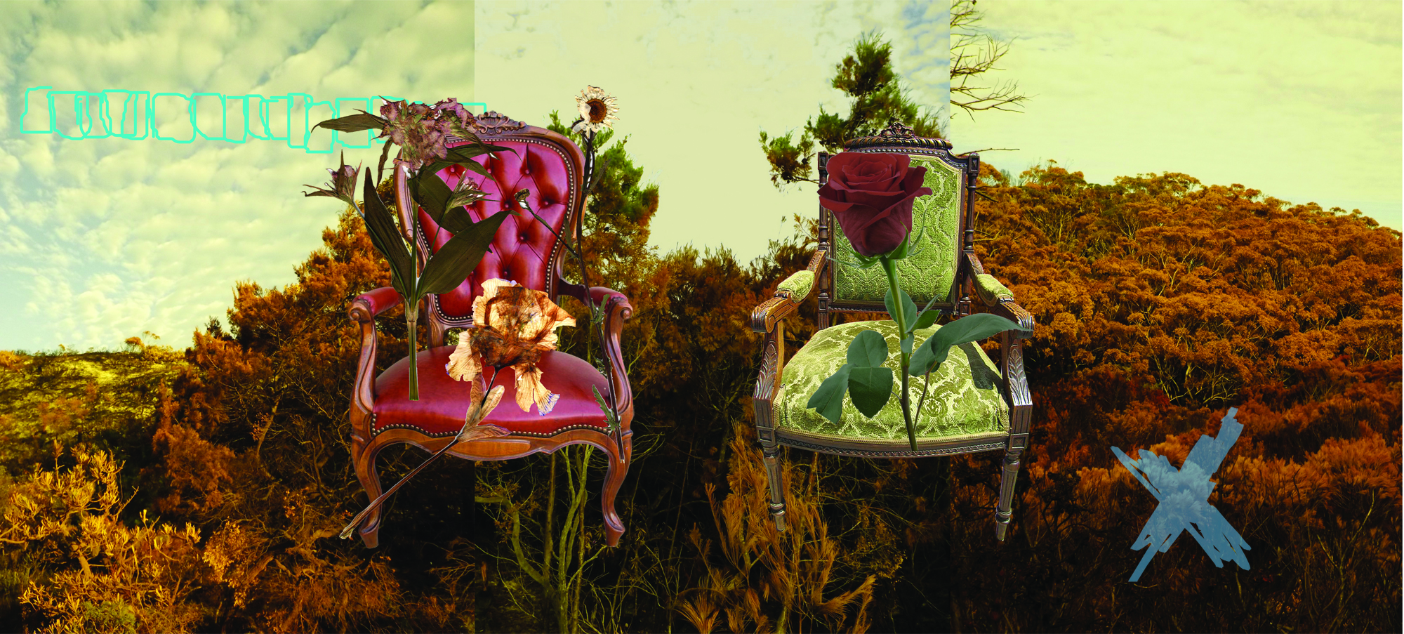 2 upholstered chairs in front of dried landscape. There are flowers in front of the chairs - one is badly withered