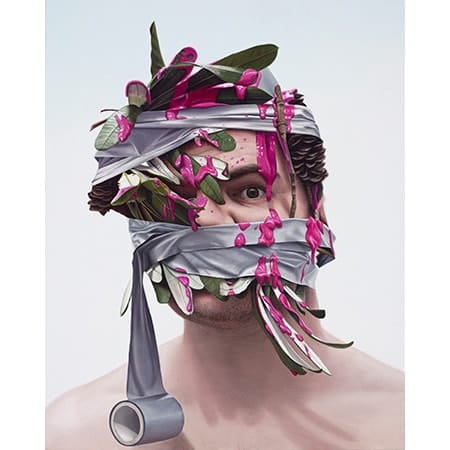 man with vine leaves and seed cones on head with duct tape wrapped around 