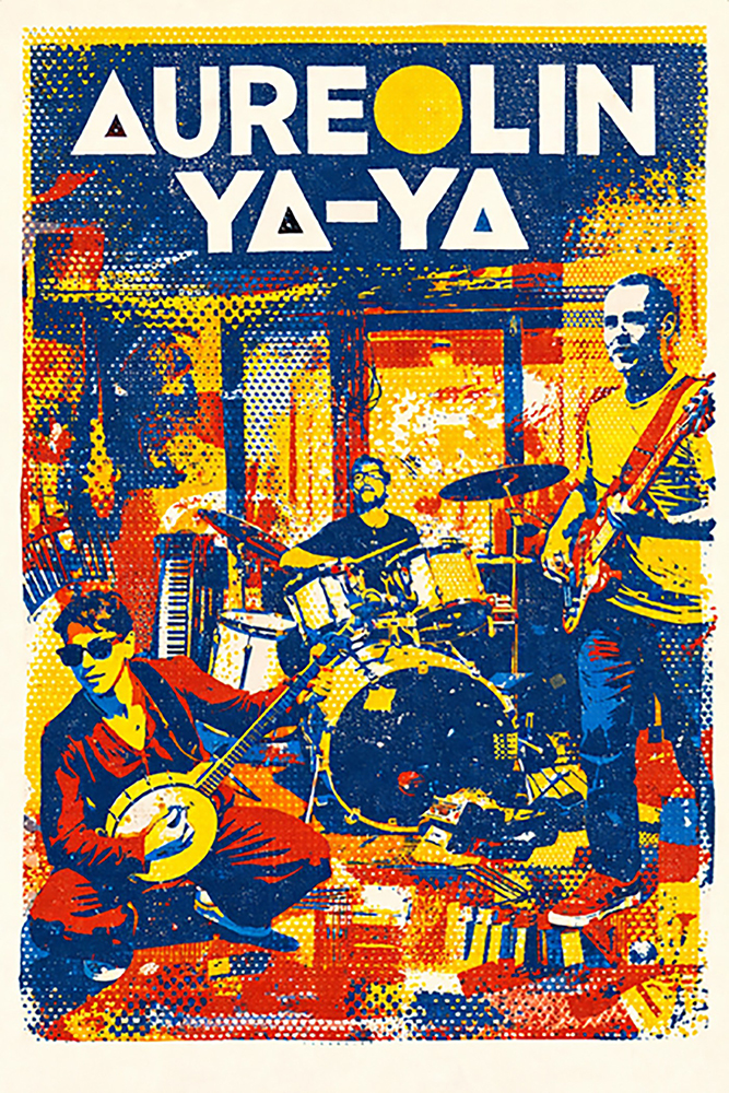 A colourful band poster showing three musicians, in blue, white, yellow and red. Then style is that of a screenprint