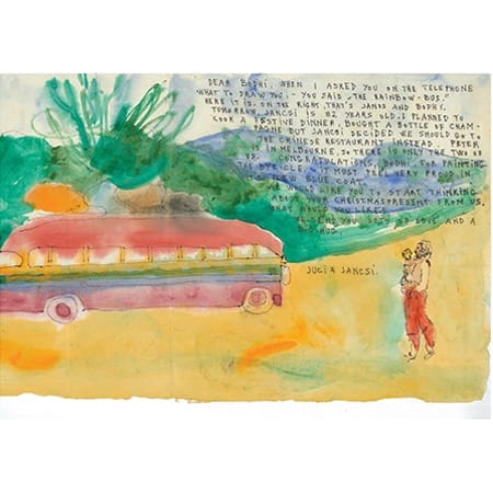 letter with watercolour painting of bus and man carrying child