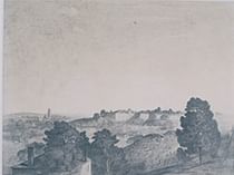 pencil drawing of buildings into distance and trees in foreground