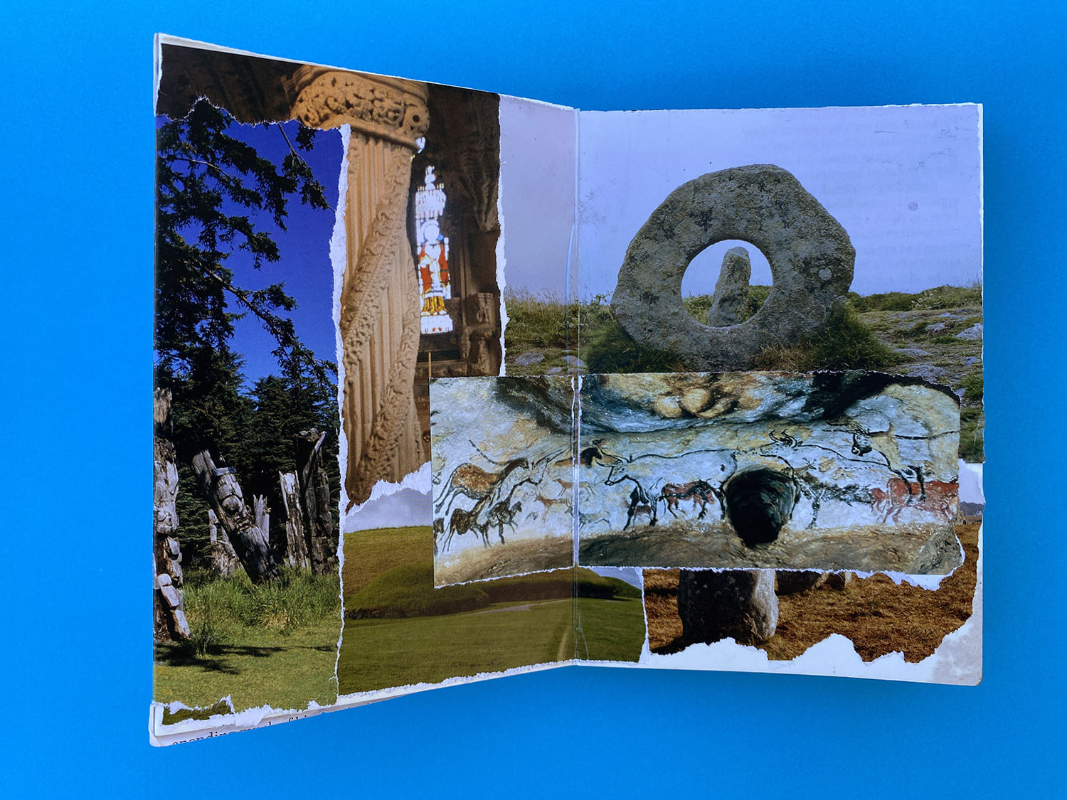 collage with trees,  standing stone segment of painting of animals, a pillare and trees