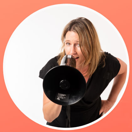 woman talking into megaphone