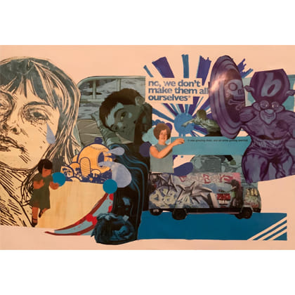 collage of images including a robot, table, young woman, a running child