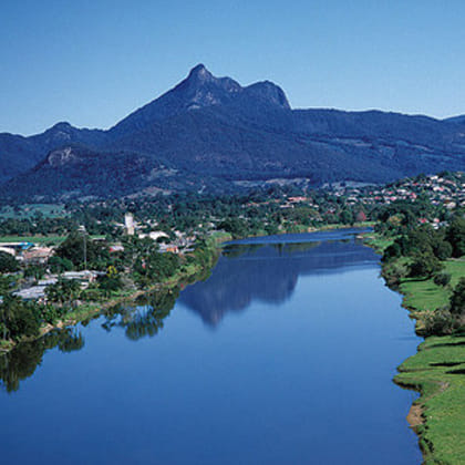 photo of Wollumbin (Mount Warning) in the distance with the river in the foreground 