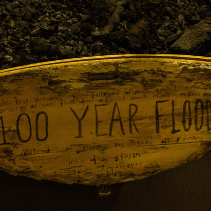 '100 year flood' and other comments on flood written on piece of flood refuse w