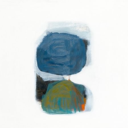 abstract painting with large areas of blue and blue/green with some yellow over the blue/green