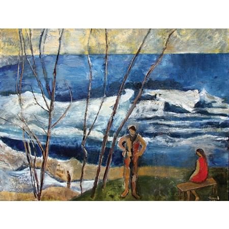 painting of the beach at Byron Bay with two people, one standing and the other, in a red dress is sitting on a bench with the surf in front of them