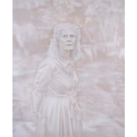 painting of a woman with landscape behind her. Painting is in a muted sepia colour 