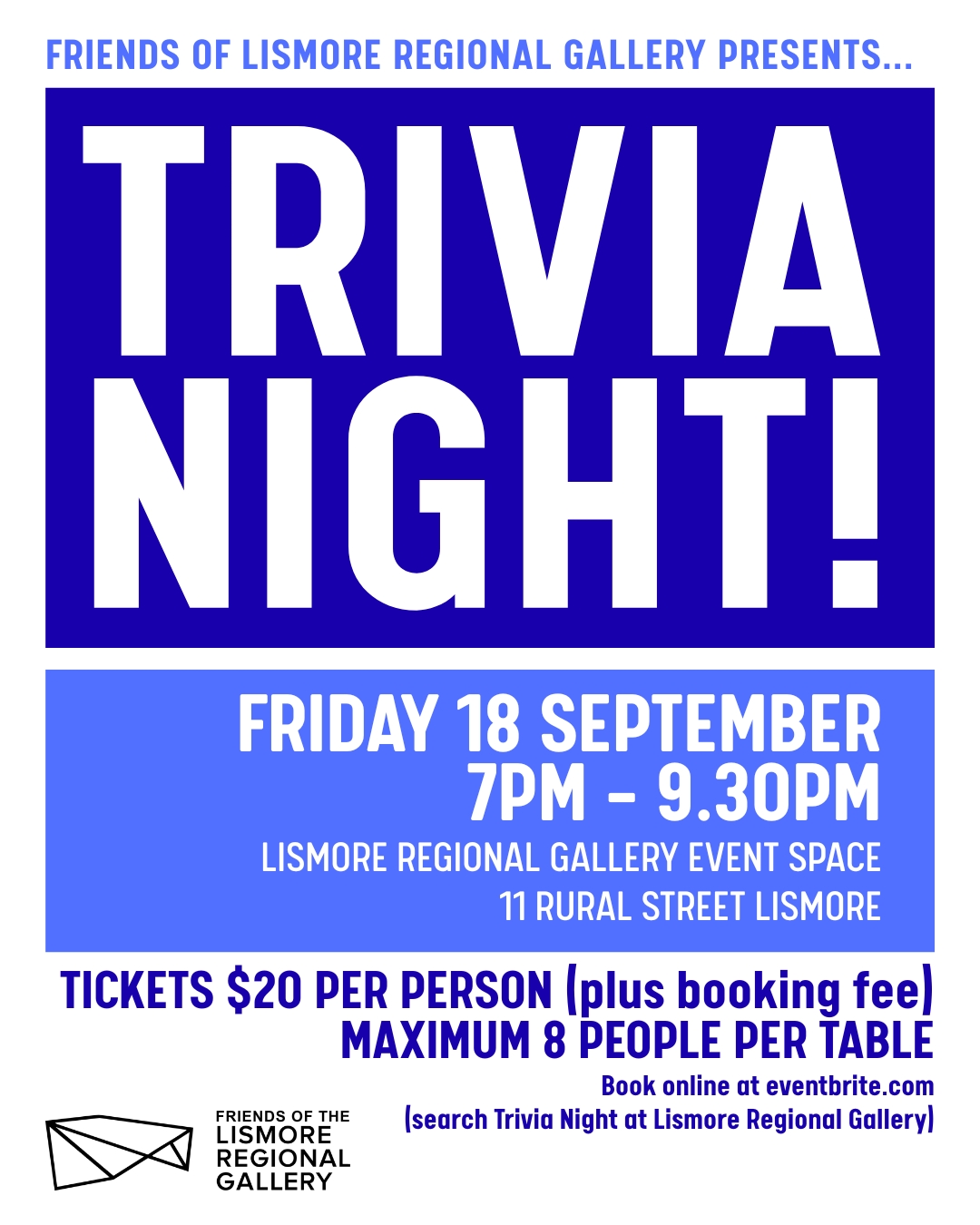A blue and white poster saying TRIVIA NIGHT!