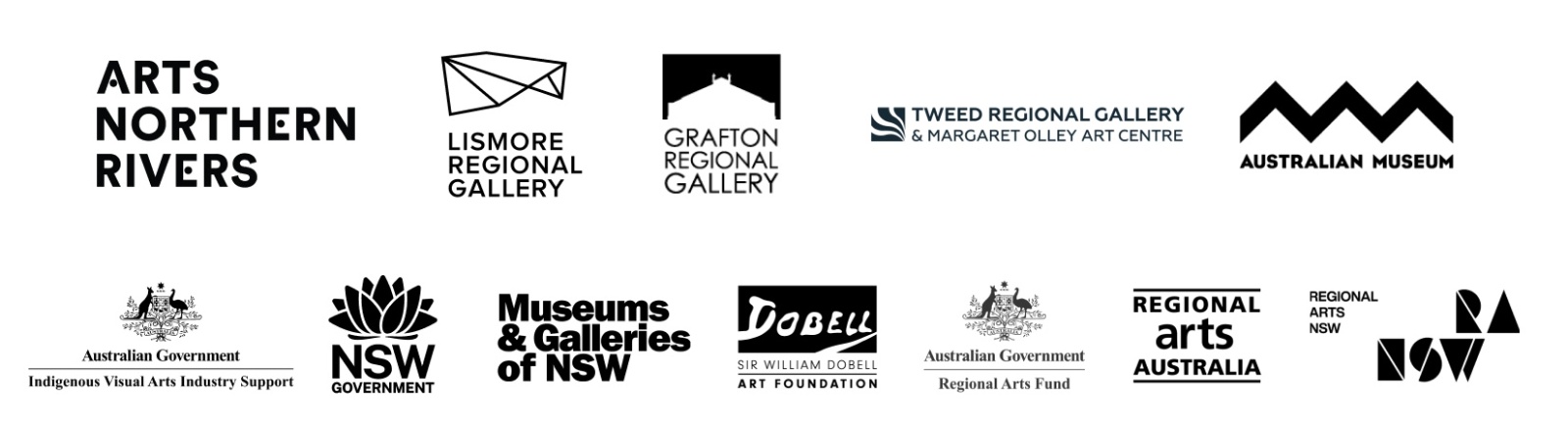 Supporter logos: Arts Northern Rivers, Lismore Regional Gallery, Graftion Regional Gallery, Tweed Regional Gallery, Australian Museum, Regional Arts Australia, NSW Government, Museums & Galleries of NSW