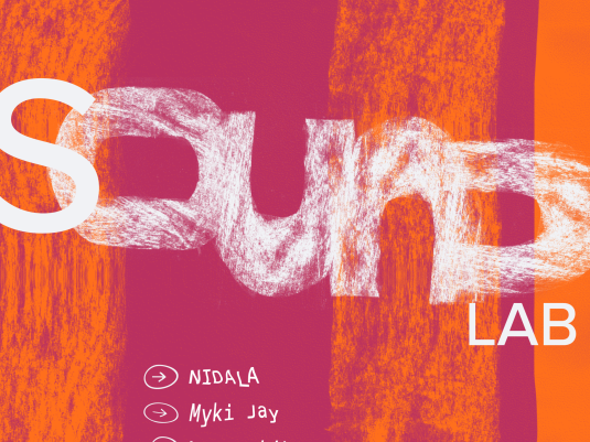 An orange and pink poster with the text: Sound Lab 02 with Nidala, Myki Jay and Angel White.