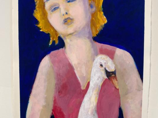 A painting of a woman with blonde hair, a pink dress, with a swan on her lap. The background is blue.